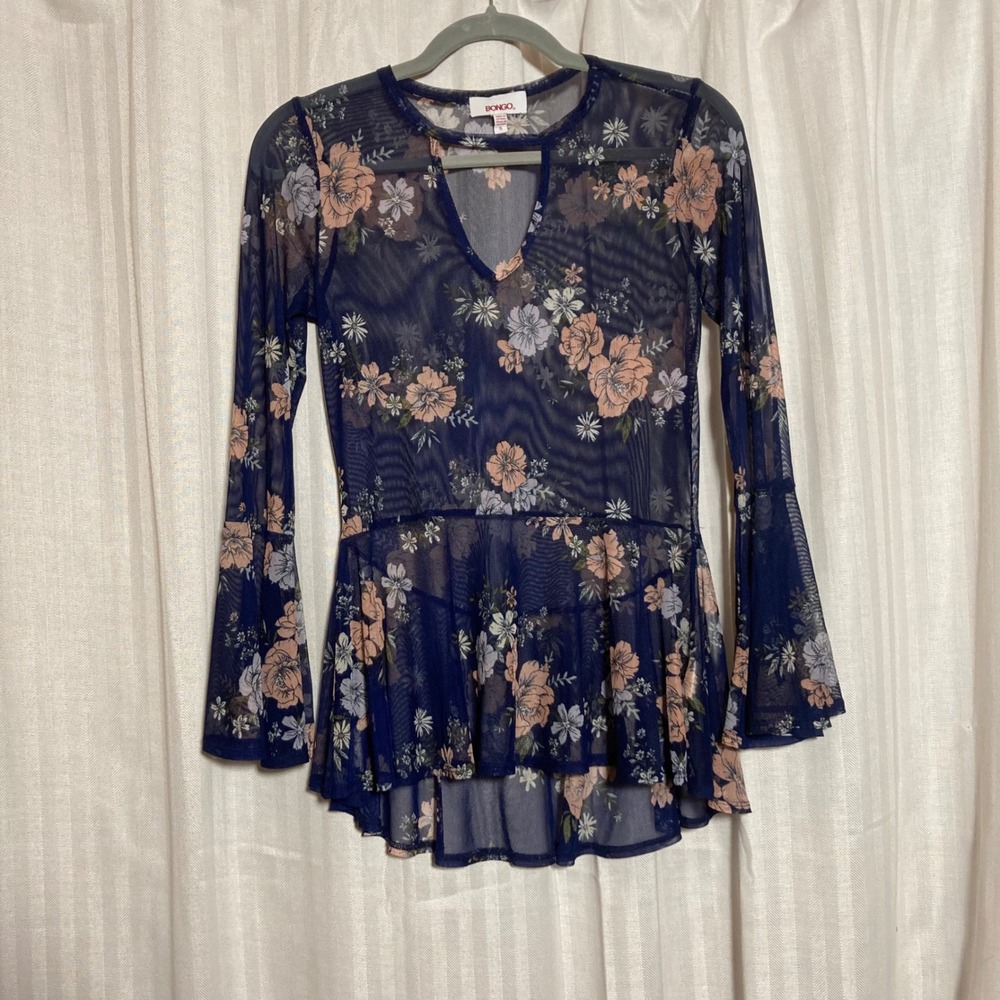 Y2K Romantic Grunge Whimsigoth Bongo Navy Dark Floral Sheer Top Bell Sleeve S